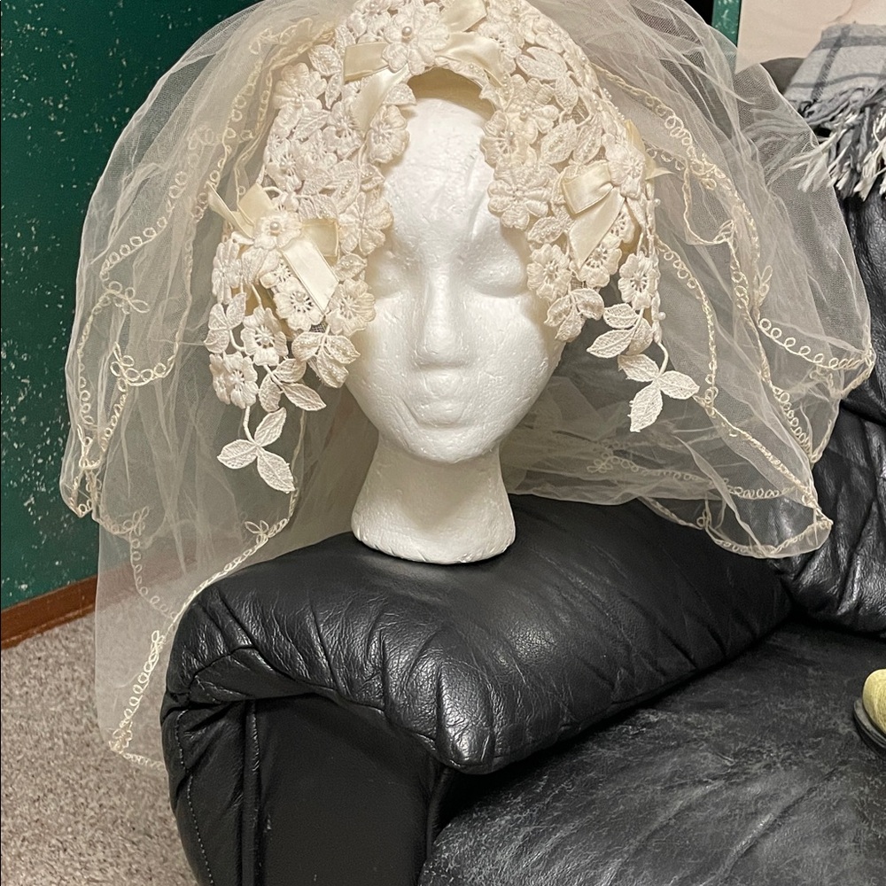 Vintage Lace beaded headpiece with 3 tier sheer mesh embroidered Bridal Veil